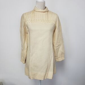 VINTAGE 60s Bleeker Street ILGWU Mini Dress Wool Cream Long Sleeve Med See Desc.